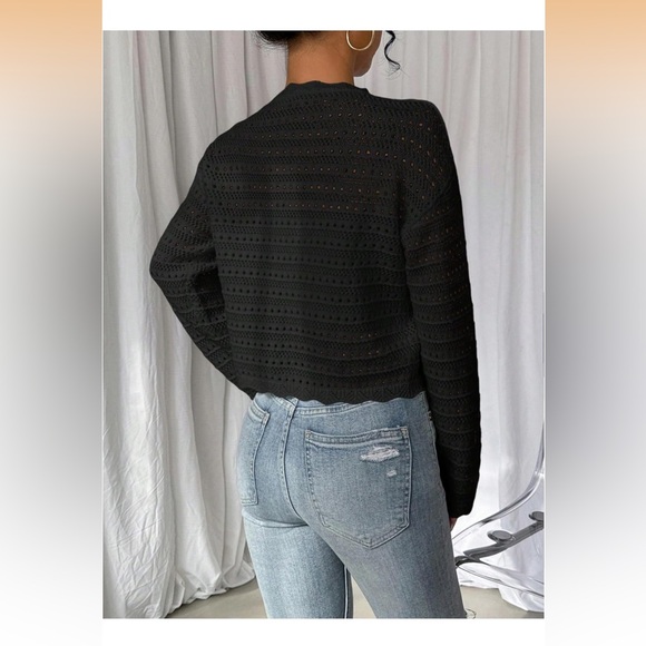 Tie Front Cardigan Scallop Crewneck Long Sleeve Knit Sweater - Picture 2 of 7